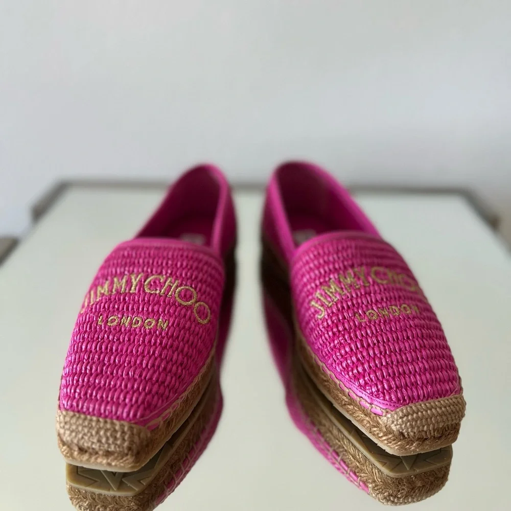 New JIMMY CHOO Brie Flat logo raffia espadrilles $595 37
